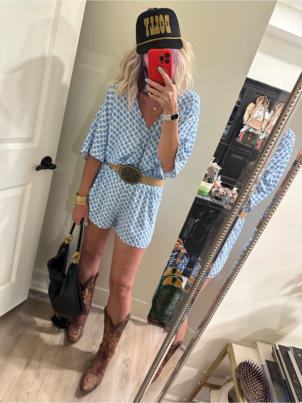 Cupshe Blue & White Geometric V-Neck Romper